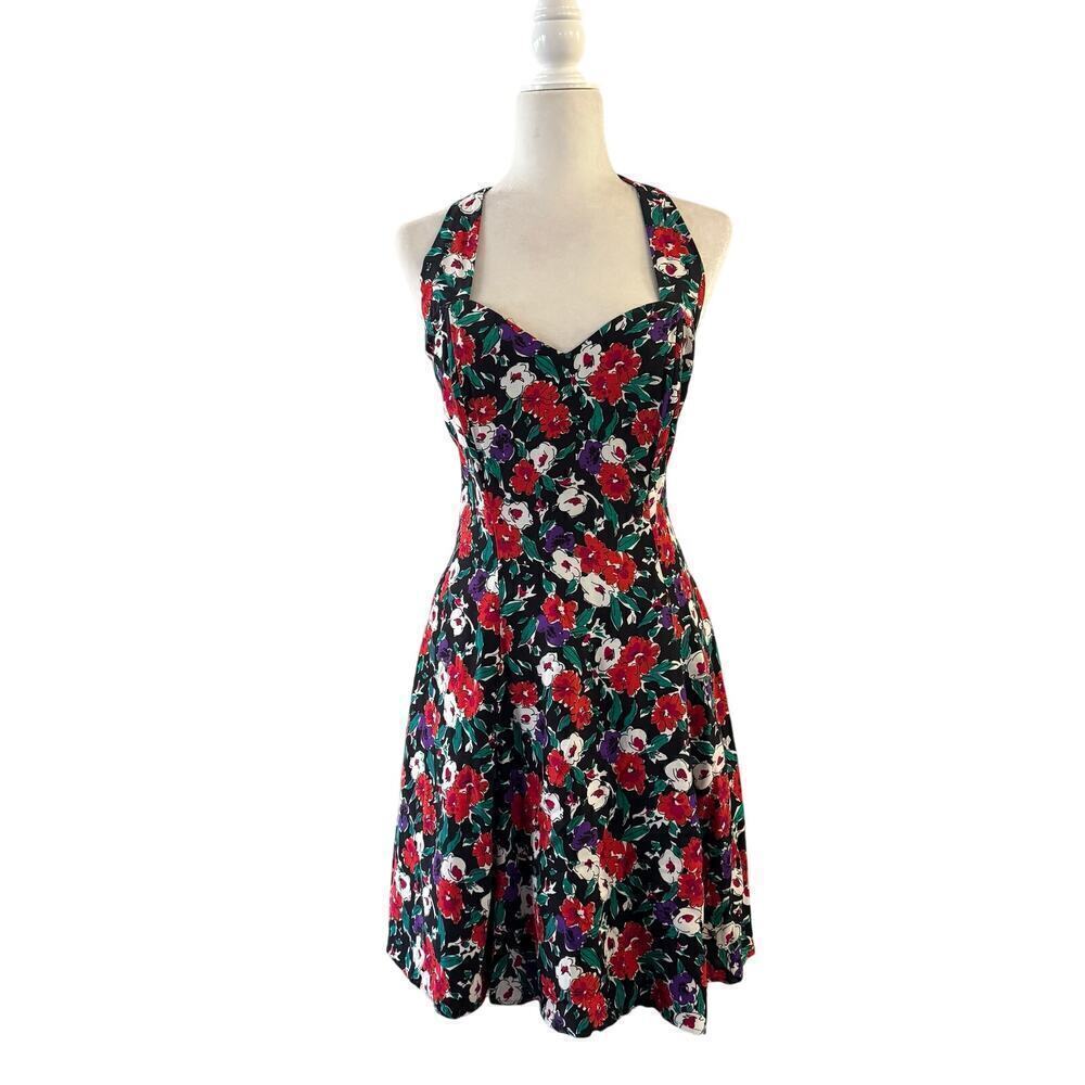 Vintage Made in USA Rampage Retro Halter Floral Fit & Flare Mini Dress Sz 11 Y2K